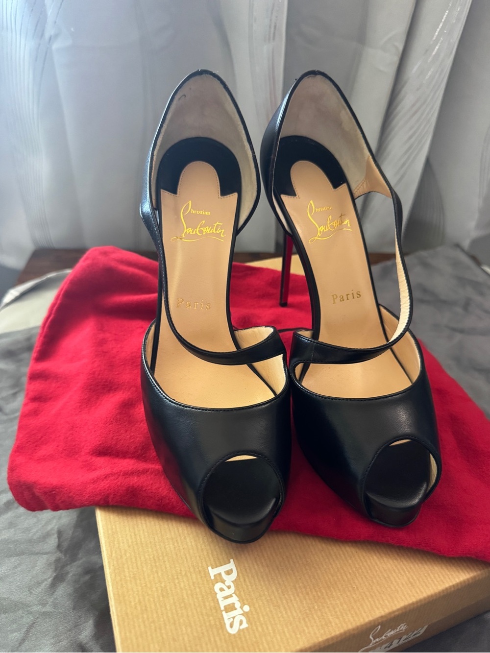 Christian Louboutin Black Leather Peep-Toe Stiletto Pumps